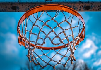 Close up view of an orange basketball hoop and net against a blue sky sport game