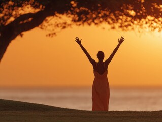 Fototapeta premium Guam Liberation Day Silhouette of Woman Raising Hands at Sunset with Spreading Tree, Premium Summer Family Lifestyle Inspiration for Social Media Marketing