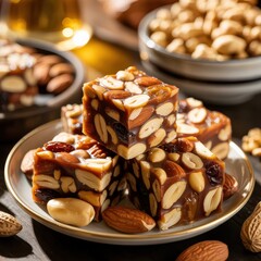 A close up of a stack of nut squares on a plate with almonds and other nuts around it on a table