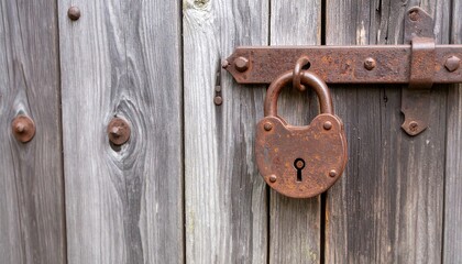 Rusty padlock on weathered wooden door