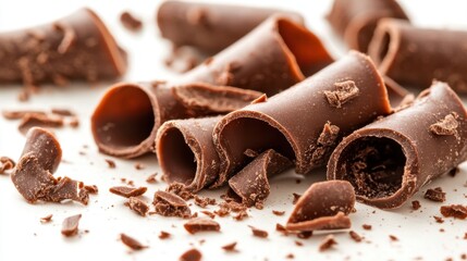 Creating elegant chocolate curls rich and delicate treats isolated on a white background