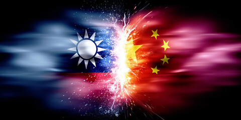 China and Taiwan conflict concept showing the two national flags clashing in a fiery explosion, symbolizing war, crisis, and geopolitical tension.