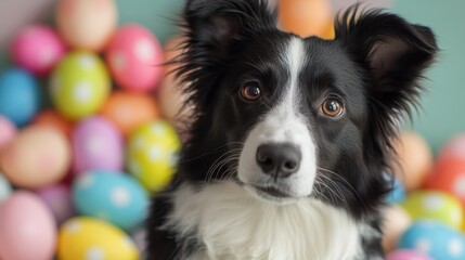 Dog posing in front of a pastel backdrop indoor studio pet photography colorful environment close-up playful concept