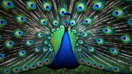 Obraz premium Stunning peacock displays vibrant fanned tail feathers, a mesmerizing spectacle of nature's artistry and beauty