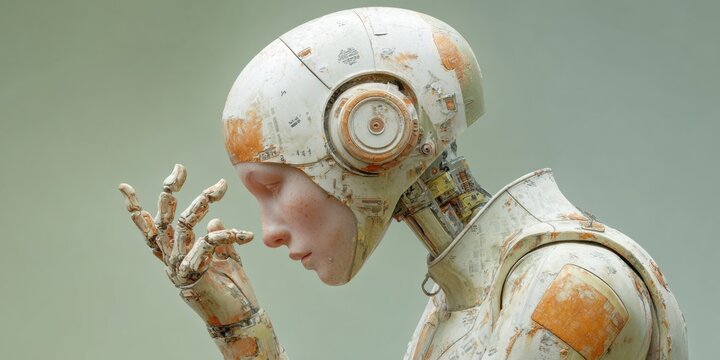 Premium humanoid robot with vintage worn design analyzing data streams in modern tech workspace for advanced AI research and professional marketing content