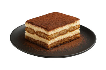 Classic Italian tiramisu dessert slice with cocoa powder on black plate isolated on transparent background, perfect for bakery menu, cafe promotion, or food photography