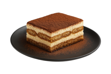 Classic Italian tiramisu dessert slice with cocoa powder on black plate isolated on transparent background, perfect for bakery menu, cafe promotion, or food photography