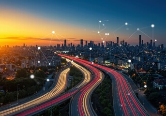 Vibrant cityscape at dusk with streaking headlights on a multi lane highway reflecting the golden hour sky