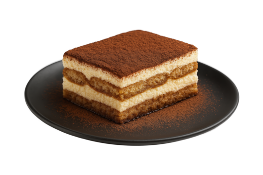 Classic Italian tiramisu dessert slice with cocoa powder on black plate isolated on transparent background, perfect for bakery menu, cafe promotion, or food photography