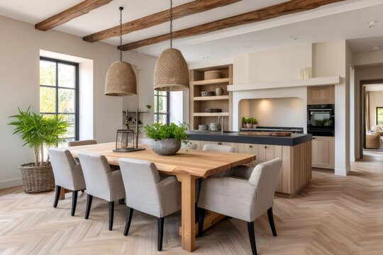 Modern farmhouse kitchen and dining room with exposed wooden beams and herringbone floor