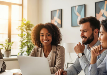 Diverse Business Colleagues Collaborating on Laptop in Office