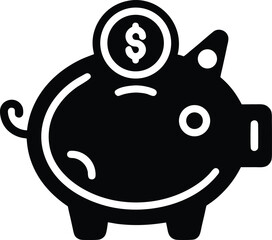 Black piggy bank with dollar coin on white background money saving
