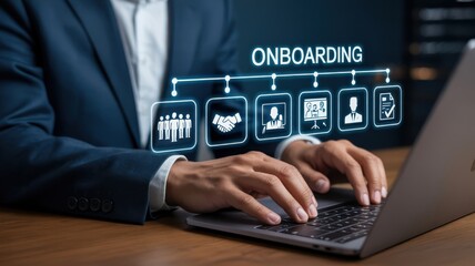 Efficient Employee Onboarding: A person typing on a laptop with a visual flowchart outlining onboarding steps, illustrating seamless new hire integration and HR processes