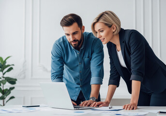 Business Colleagues Collaborating on Laptop in Modern Office