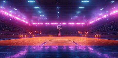 Empty basketball court with glowing pink and blue lights and spectators empty arena stadium