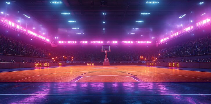 Empty basketball court with glowing pink and blue lights and spectators empty arena stadium