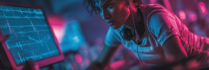 Professional Female Athlete Endurance Testing in High-Tech Lab with Digital EKG Display Modern Health Science Content for Sports Marketing Campaigns
