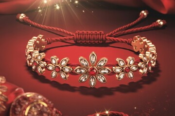 Close up of a red string bracelet with gold flower charms and gem stones on a red background