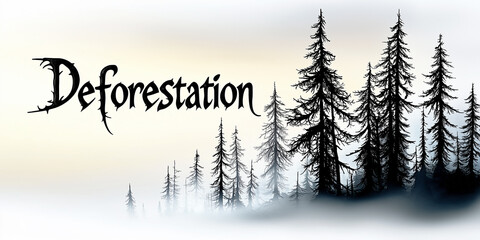 Conceptual art with the word deforestation over a foggy landscape with silhouetted pine trees, symbolizing environmental loss.