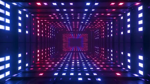 Abstract Digital Tunnel with Glowing Neon Lights - Futuristic Cyber Passage Perspective - Modern Technology Concept