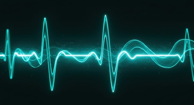 Cyan digital waveform with binary code background