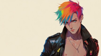 Stylish anime male character with vibrant rainbow hair.
