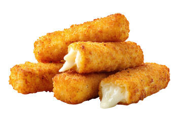Stack of golden-brown, breaded cheese sticks. Melted cheese oozes from within