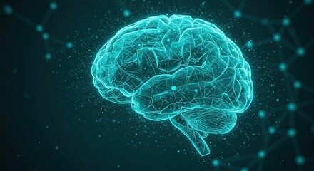 Digital neon brain with connected glowing nodes on dark background