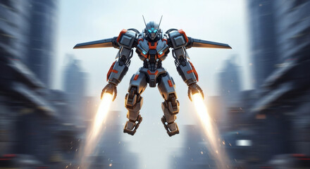A futuristic robot with jet-powered arms soaring through a blurred city environment.