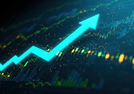Vibrant teal arrow ascends sharply over a blurred financial chart displaying upward market trends and economic growth