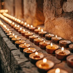 Rows of lit tea light candles placed on a stone surface next to a stone wall in soft lighting