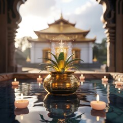 A golden pot with a plant in water surrounded by candles with a temple in the background