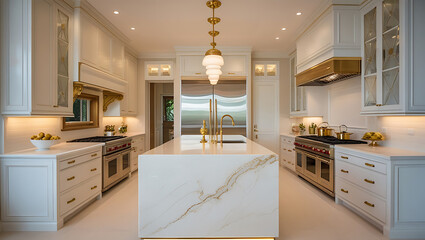 Luxury Marble Kitchen Interior with Gold Accents and High-End Design