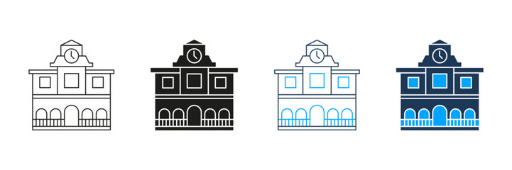 Clock Tower Building Line And Solid Icon Set. Time Management, Public Building, And Architecture Symbol Collection. Urban Landmark Representation. Isolated Vector Illustration