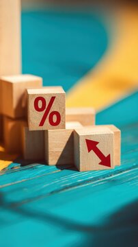 Professional Financial Concept with Wooden Blocks Showing Interest Rate Reduction and Downward Arrow for Modern Business Marketing Campaigns