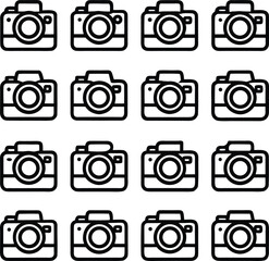 A grid of sixteen stylized digital cameras in a simple black and white outline design showcasing photography equipment icons