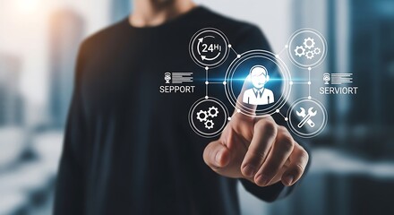 Person touching a glowing digital interface with interconnected icons representing services