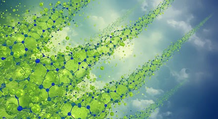 Dynamic molecular structure ascending against a vibrant cloudy sky, representing innovation and connectivity