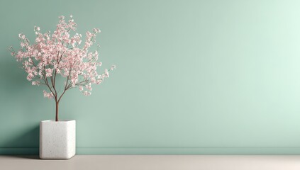 Light mint green wall, small pink blossom tree