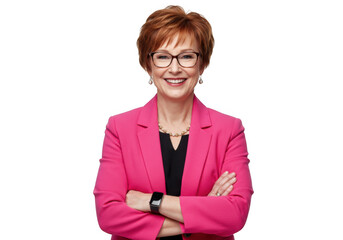 Smiling woman in pink blazer isolated on transparent background