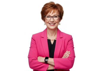 Smiling woman in pink blazer isolated on transparent background