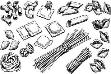 Hand drawn pasta set. Various Mediterranean pasta. Italian food illustrations for cafe or restaurant menu. Doodle sketch icons.
