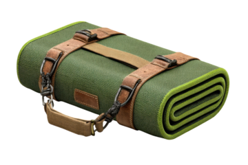 Rolled Picnic Blanket Green and Brown Leather Straps Woven Fabric Portable Outdoor Mat Camping on transparent background