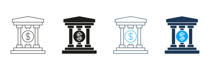 Bank Building With Dollar Sign Line And Solid Icon Set. Financial Institution, Savings, And Investment Symbol Collection. Banking And Economic Growth Representation. Isolated Vector Illustration