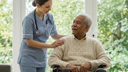 Nurse comforting elderly man in wheelchair