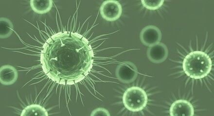 Obraz premium Microscopic view of green bacteria with spiky tendrils