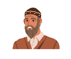 Elderly muslim man, head portrait. Bearded senior with gray hair, traditional cap. Mature old aged wrinkled character in hat, ethnic headwear. Flat vector illustration isolated on white background