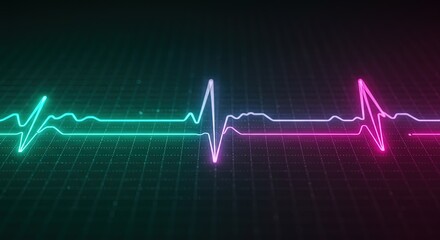 Naklejka premium Neon electrocardiogram line against a dark grid background