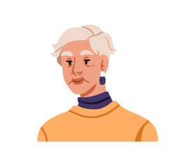 Senior woman portrait. Elegant elderly lady with gray short hair, earrings, makeup and calm face expression. Modern mature elder old aged female. Flat vector illustration isolated on white background