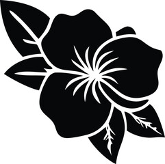Stylized black silhouette of a blooming flower with detailed petals and accompanying leaves